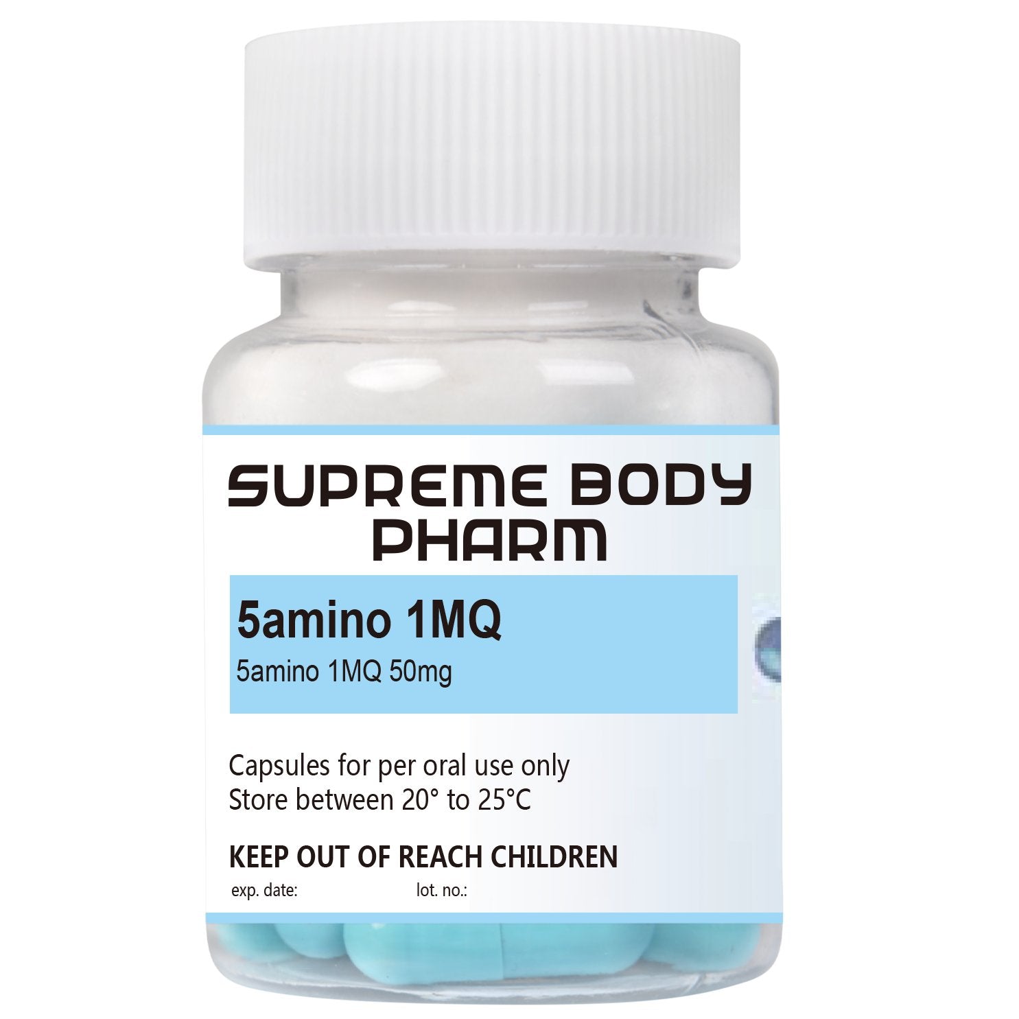 Recipient cu capsule 5amino 1MQ 50mg de la Supreme Body Pharm, destinat utilizării orale. Eticheta conține instrucțiuni de păstrare: „A se păstra între 20° și 25°C” și avertisment: „A nu se lăsa la îndemâna copiilor”. Ideal pentru susținerea sănătății și stării de bine.