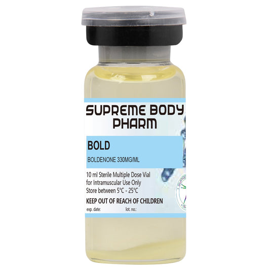 Flacon de 10 ml cu soluție injectabilă Bold de la Supreme Body Pharm, conținând Boldenon 330mg/ml. Produs steril destinat administrării intramusculare. Instrucțiuni de păstrare: „A se păstra între 5°C și 25°C”. A nu se lăsa la îndemâna copiilor.