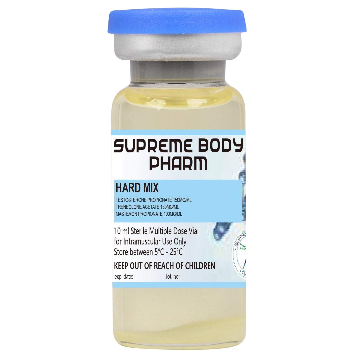 Flacon de 10 ml cu soluție injectabilă Hard Mix de la Supreme Body Pharm, conținând Testosterone Propionate 150mg/ml, Trenbolone Acetate 150mg/ml și Masteron Propionate 100mg/ml. Produs steril destinat administrării intramusculare. Instrucțiuni de păstrare: „A se păstra între 5°C și 25°C”. A nu se lăsa la îndemâna copiilor.