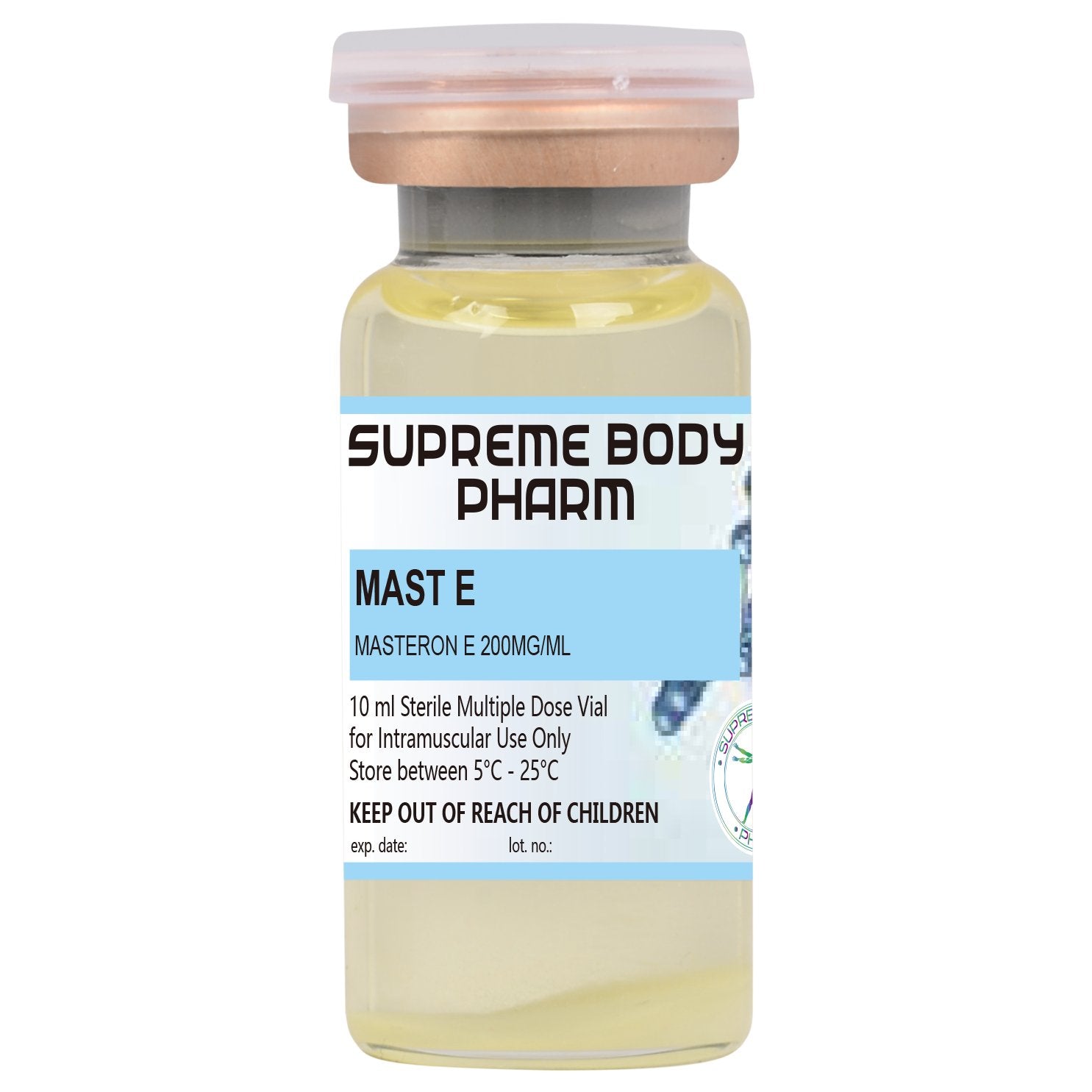 Flacon de 10 ml cu soluție injectabilă Mast E de la Supreme Body Pharm, conținând Masteron Enanthate 200mg/ml. Produs steril destinat administrării intramusculare. Instrucțiuni de păstrare: „A se păstra între 5°C și 25°C”. A nu se lăsa la îndemâna copiilor.