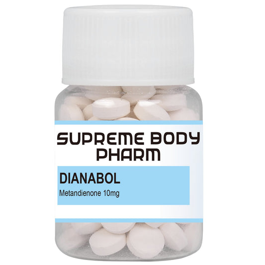Recipient cu tablete Dianabol de la Supreme Body Pharm, conținând Metandienone 10mg. Produs destinat îmbunătățirii performanțelor sportive și creșterii masei musculare. Potrivit pentru administrare orală.
