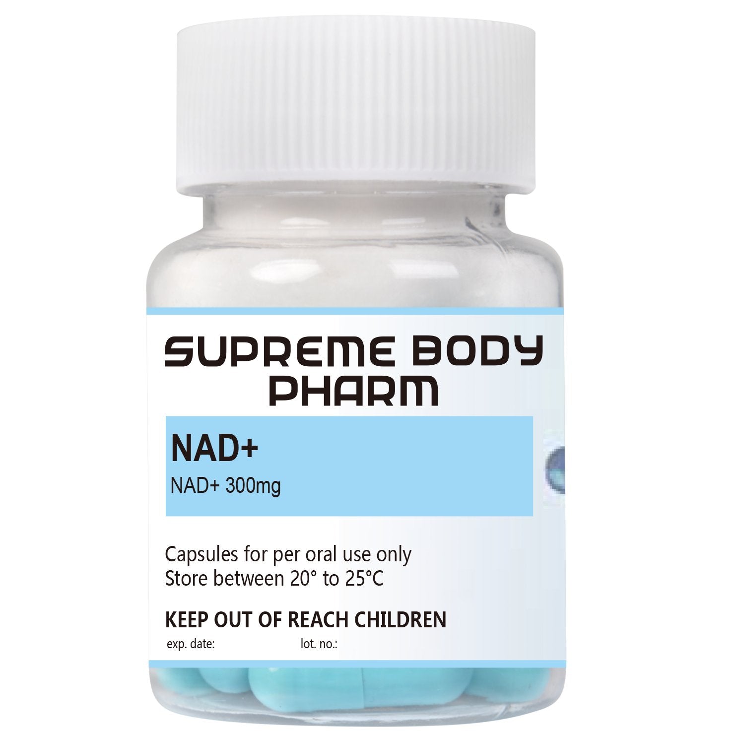 Recipient cu capsule NAD+ de la Supreme Body Pharm, conținând NAD+ 300mg. Produs destinat administrării orale. Instrucțiuni de păstrare: „A se păstra între 20°C și 25°C”. A nu se lăsa la îndemâna copiilor.