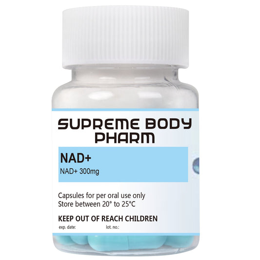 Recipient cu capsule NAD+ de la Supreme Body Pharm, conținând NAD+ 300mg. Produs destinat administrării orale. Instrucțiuni de păstrare: „A se păstra între 20°C și 25°C”. A nu se lăsa la îndemâna copiilor.