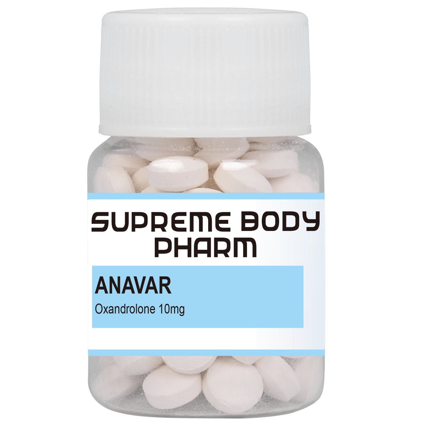 Recipient cu tablete Anavar de la Supreme Body Pharm, conținând Oxandrolone 10mg. Produs destinat administrării orale, potrivit pentru creșterea masei musculare și îmbunătățirea performanțelor sportive.