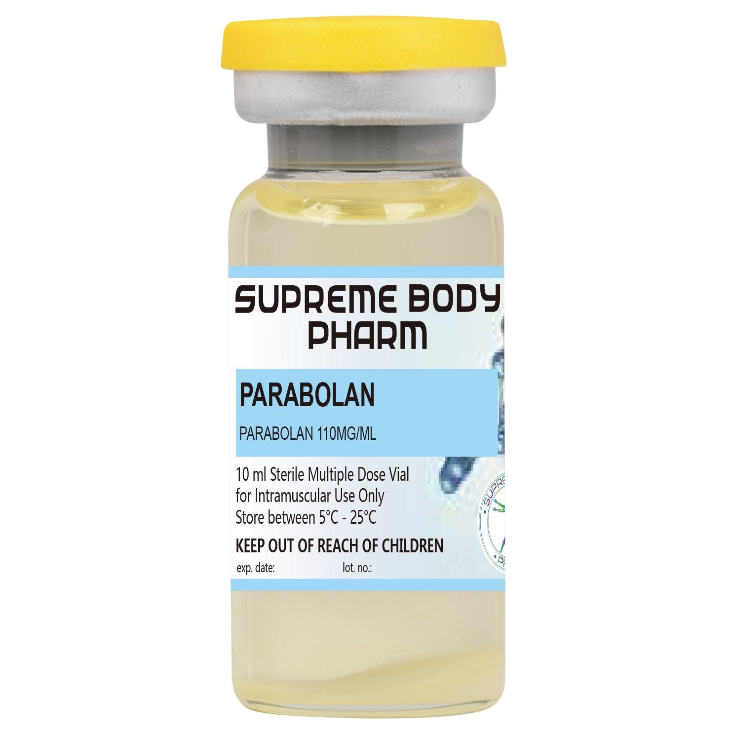 Flacon de 10 ml cu soluție injectabilă Parabolan de la Supreme Body Pharm, conținând Parabolan 110mg/ml. Produs steril destinat administrării intramusculare. Instrucțiuni de păstrare: „A se păstra între 5°C și 25°C”. A nu se lăsa la îndemâna copiilor.