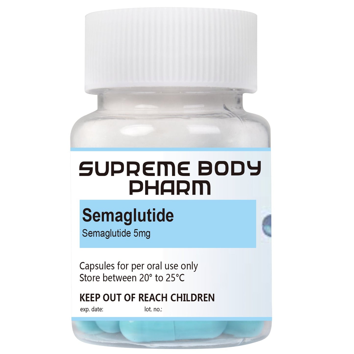 Recipient cu capsule Semaglutida de la Supreme Body Pharm, conținând Semaglutida 5mg. Produs destinat administrării orale. Instrucțiuni de păstrare: „A se păstra între 20°C și 25°C”. A nu se lăsa la îndemâna copiilor.
