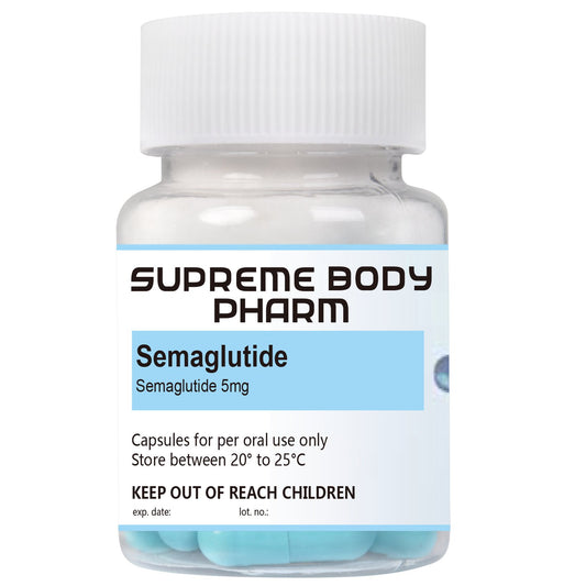 Recipient cu capsule Semaglutida de la Supreme Body Pharm, conținând Semaglutida 5mg. Produs destinat administrării orale. Instrucțiuni de păstrare: „A se păstra între 20°C și 25°C”. A nu se lăsa la îndemâna copiilor.
