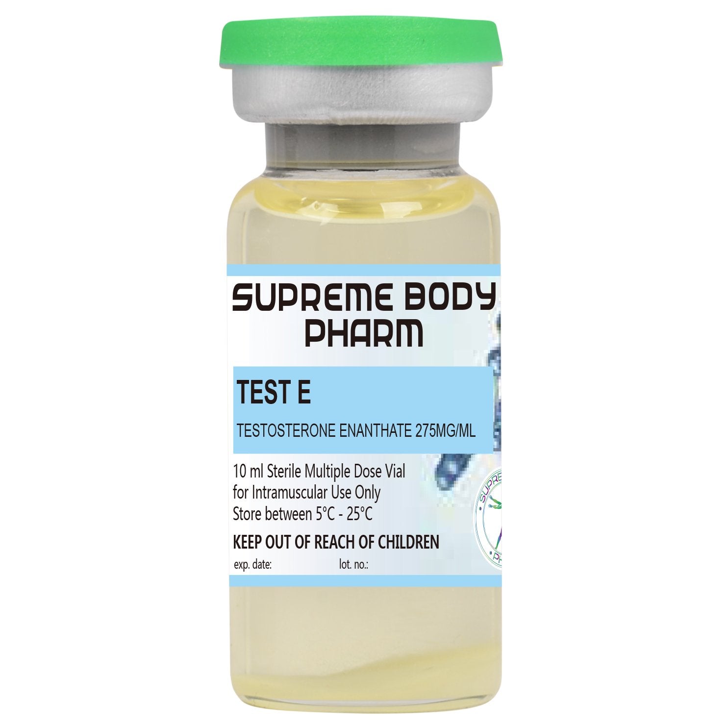 Flacon de 10 ml cu soluție injectabilă Test E de la Supreme Body Pharm, conținând Testosterone Enanthate 275mg/ml. Produs steril destinat administrării intramusculare. Instrucțiuni de păstrare: „A se păstra între 5°C și 25°C”. A nu se lăsa la îndemâna copiilor.