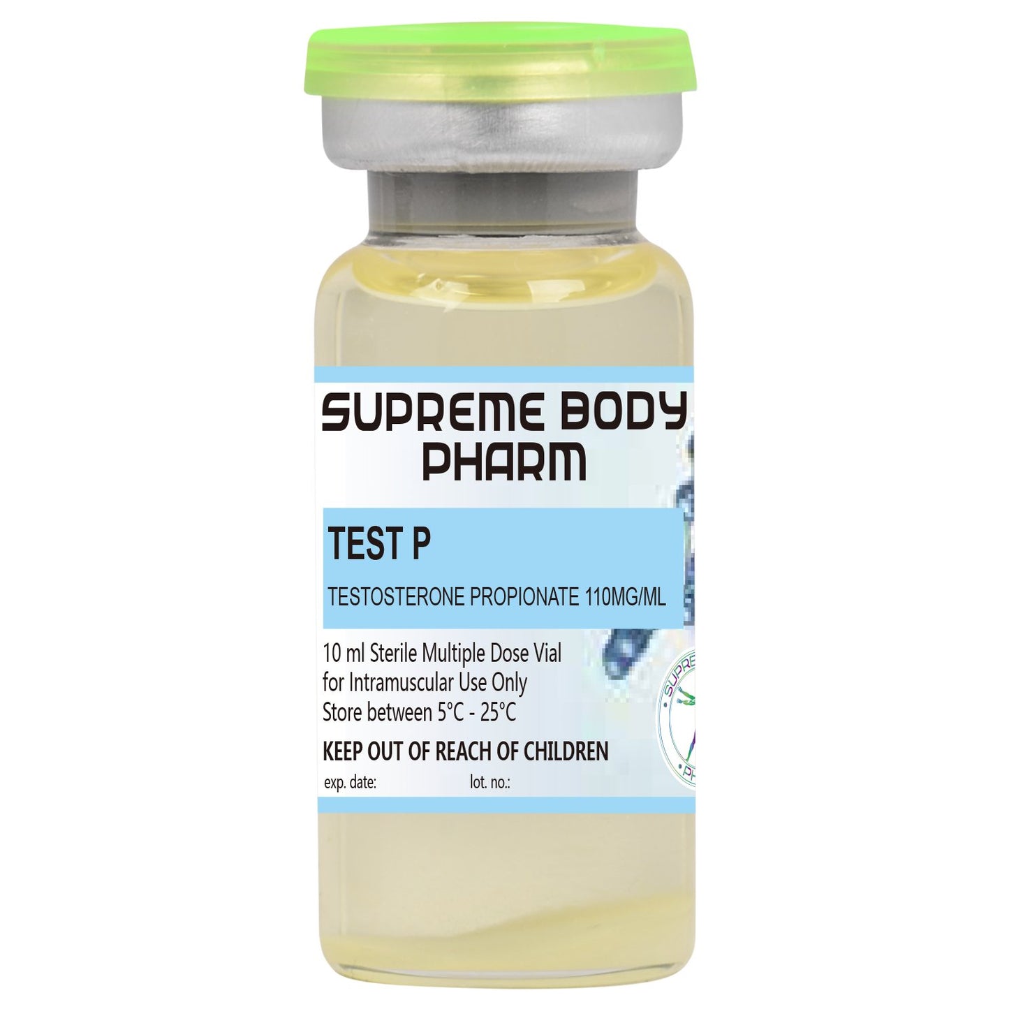 Flacon de 10 ml cu soluție injectabilă Test P de la Supreme Body Pharm, conținând Testosterone Propionate 110mg/ml. Produs steril destinat administrării intramusculare. Instrucțiuni de păstrare: „A se păstra între 5°C și 25°C”. A nu se lăsa la îndemâna copiilor.