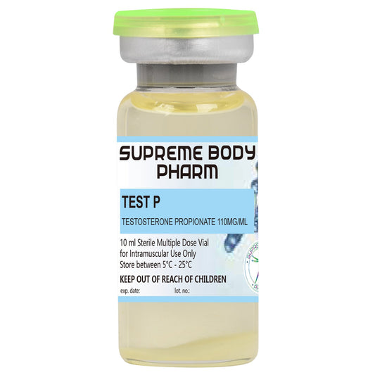 Flacon de 10 ml cu soluție injectabilă Test P de la Supreme Body Pharm, conținând Testosterone Propionate 110mg/ml. Produs steril destinat administrării intramusculare. Instrucțiuni de păstrare: „A se păstra între 5°C și 25°C”. A nu se lăsa la îndemâna copiilor.