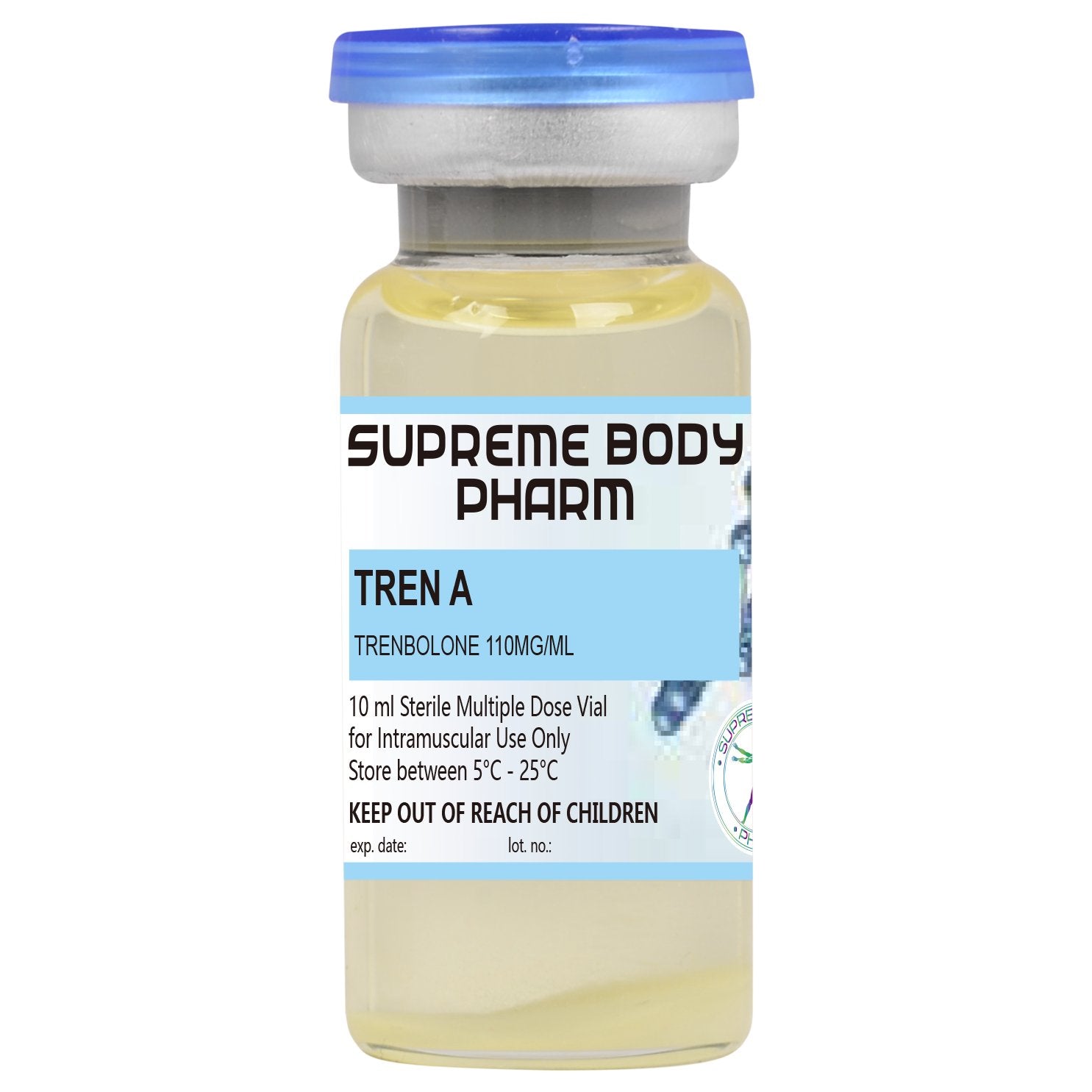 Flacon de 10 ml cu soluție injectabilă Tren A de la Supreme Body Pharm, conținând Trenbolone 110mg/ml. Produs steril destinat administrării intramusculare. Instrucțiuni de păstrare: „A se păstra între 5°C și 25°C”. A nu se lăsa la îndemâna copiilor.
