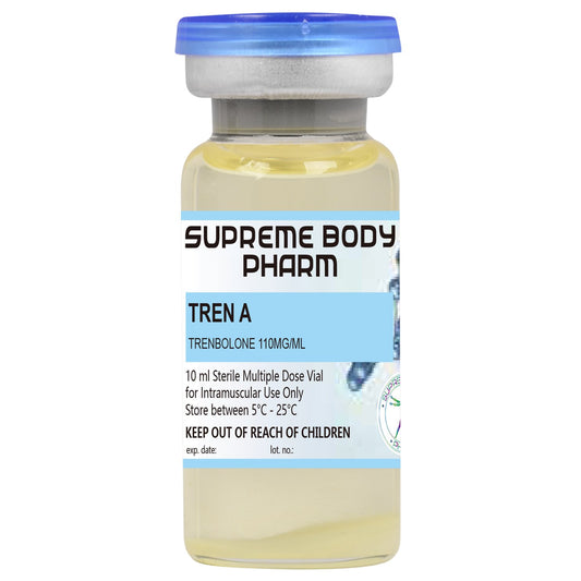 Flacon de 10 ml cu soluție injectabilă Tren A de la Supreme Body Pharm, conținând Trenbolone 110mg/ml. Produs steril destinat administrării intramusculare. Instrucțiuni de păstrare: „A se păstra între 5°C și 25°C”. A nu se lăsa la îndemâna copiilor.