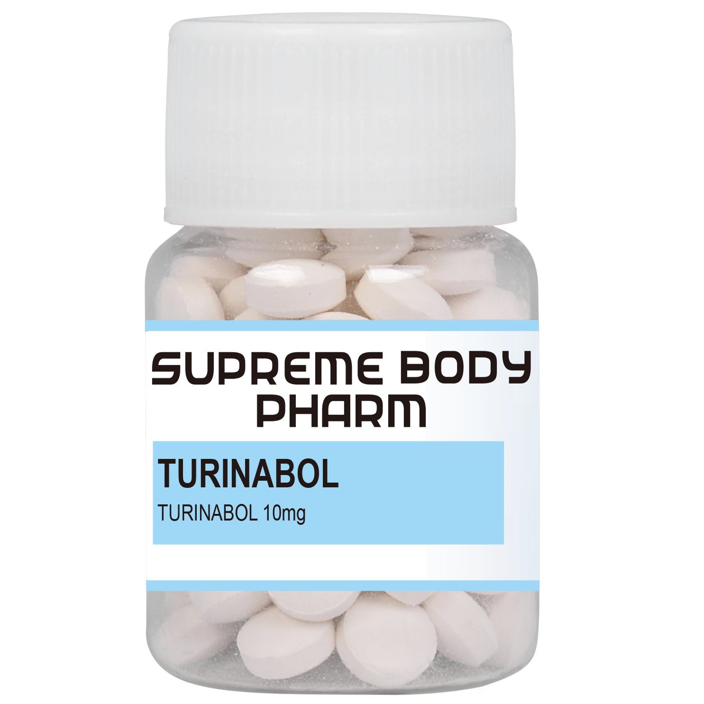 Recipient cu tablete Turanabol de la Supreme Body Pharm, conținând Turanabol 10mg. Produs destinat administrării orale, potrivit pentru îmbunătățirea performanțelor sportive și creșterea masei musculare.
