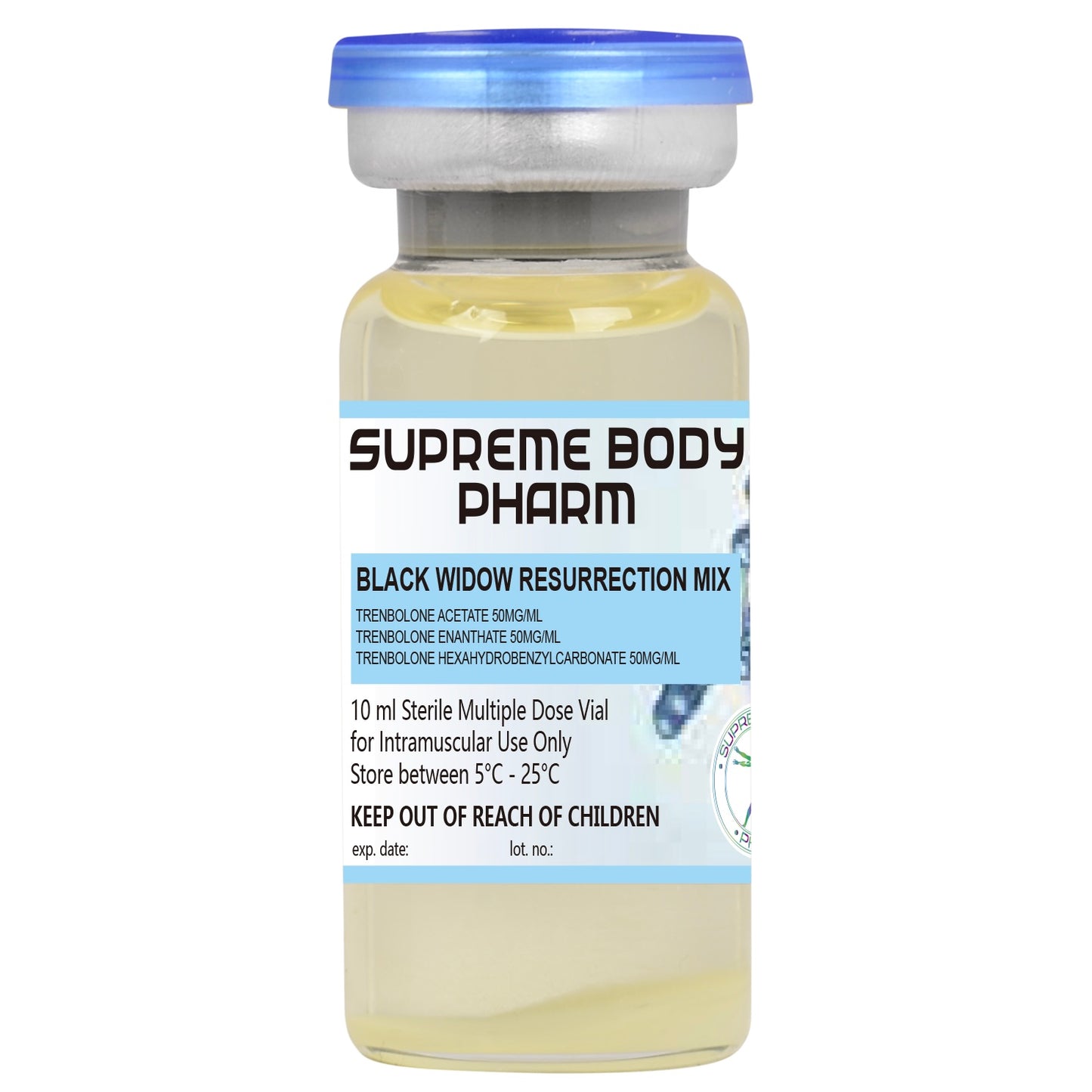 Flacon de 10 ml cu soluție injectabilă Black Widow Resurrection Mix de la Supreme Body Pharm, conținând Trenbolone Acetate 50mg/ml, Trenbolone Enanthate 50mg/ml și Trenbolone Hexahydrobenzylcarbonate 50mg/ml. Produs steril destinat administrării intramusculare. Instrucțiuni de păstrare: „A se păstra între 5°C și 25°C”. A nu se lăsa la îndemâna copiilor.