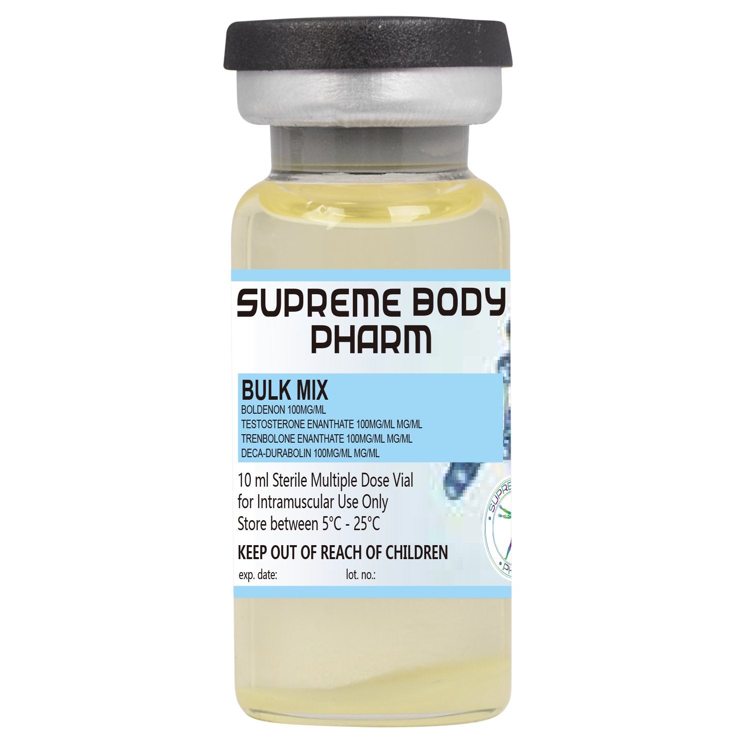 Flacon de 10 ml cu soluție injectabilă Bulk Mix de la Supreme Body Pharm, conținând Boldenone 100mg/ml, Testosterone Enanthate 100mg/ml, Trenbolone Enanthate 100mg/ml și Deca-Durabolin 100mg/ml. Produs steril destinat administrării intramusculare. Instrucțiuni de păstrare: „A se păstra între 5°C și 25°C”. A nu se lăsa la îndemâna copiilor.