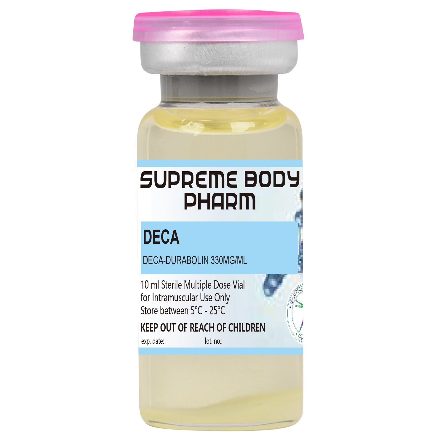Flacon de 10 ml cu soluție injectabilă Deca de la Supreme Body Pharm, conținând Deca-Durabolin 330mg/ml. Produs steril destinat administrării intramusculare. Instrucțiuni de păstrare: „A se păstra între 5°C și 25°C”. A nu se lăsa la îndemâna copiilor.