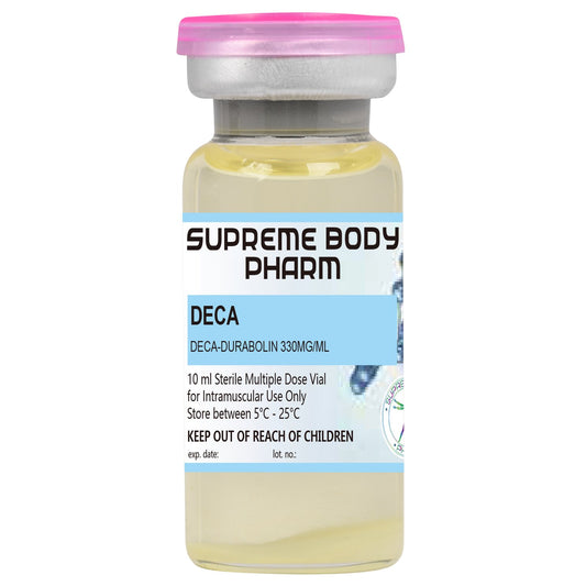 Flacon de 10 ml cu soluție injectabilă Deca de la Supreme Body Pharm, conținând Deca-Durabolin 330mg/ml. Produs steril destinat administrării intramusculare. Instrucțiuni de păstrare: „A se păstra între 5°C și 25°C”. A nu se lăsa la îndemâna copiilor.