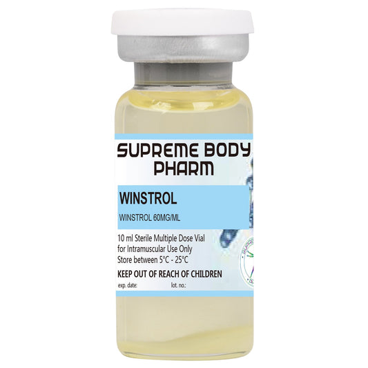 Flacon de 10 ml cu soluție injectabilă Winstrol (Stanozolol) de la Supreme Body Pharm, conținând Winstrol 60mg/ml. Produs steril destinat administrării intramusculare. Instrucțiuni de păstrare: „A se păstra între 5°C și 25°C”. A nu se lăsa la îndemâna copiilor.
